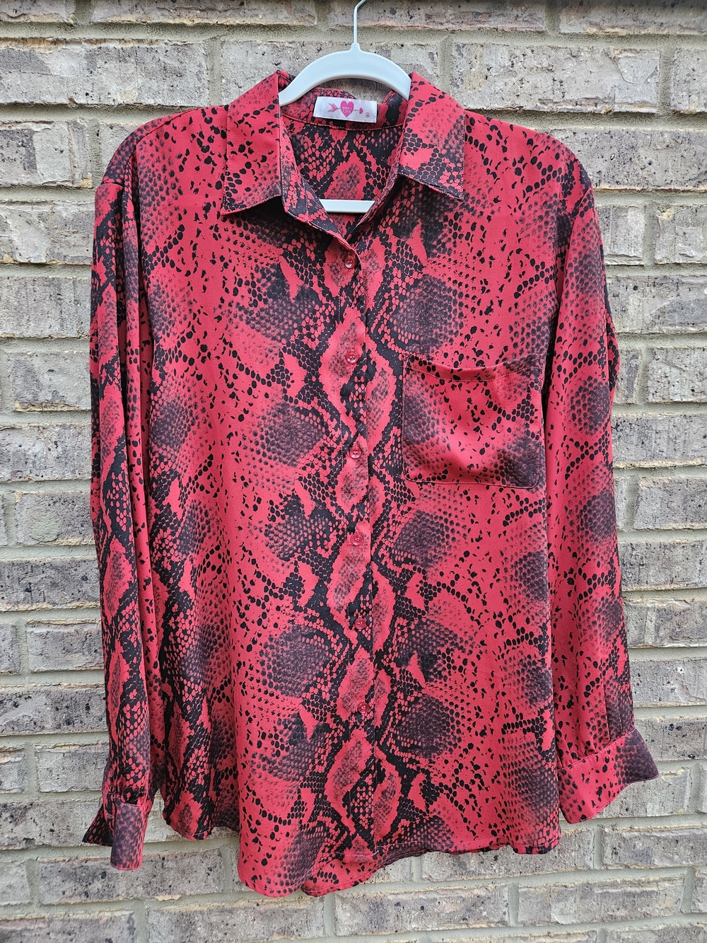 Buddy Love Red and Black Snake-Print Button Down Blouse